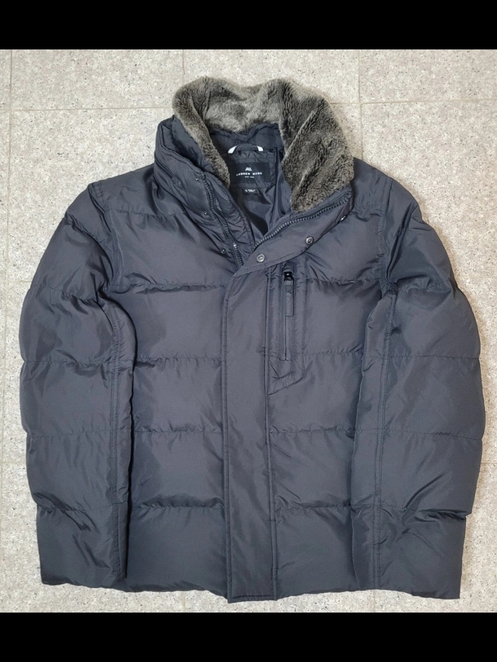 Andrew Marc Men's Dark Gray Puffer Jacket with Faux-Fur Collar Size Large